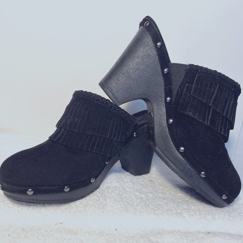 Outlooks Vintage Fringe Clogs-Women's-Faux Black Suede-Studded-Boho-3 1/2" Heel